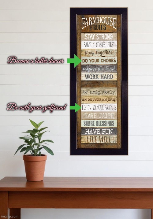 New Farmhouse Rules | Become a ballet dancer; Be with your girlfriend | image tagged in ballet,farm,girlfriend,pray,respect,faith | made w/ Imgflip meme maker