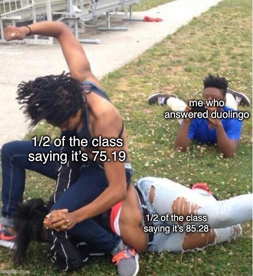 answers in school | me who answered duolingo; 1/2 of the class saying it’s 75.19; 1/2 of the class saying it’s 85.28 | image tagged in guy recording a fight,school,answers | made w/ Imgflip meme maker