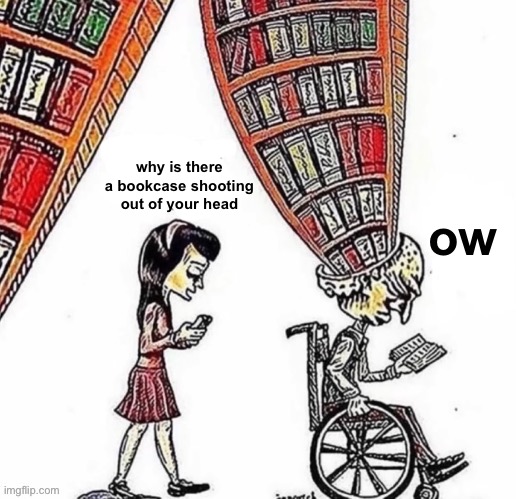 bookcase | ow; why is there a bookcase shooting out of your head | made w/ Imgflip meme maker