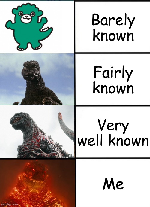 I am a celebrity at my school | Barely known; Fairly known; Very well known; Me | image tagged in strength of godzilla 4-panel | made w/ Imgflip meme maker