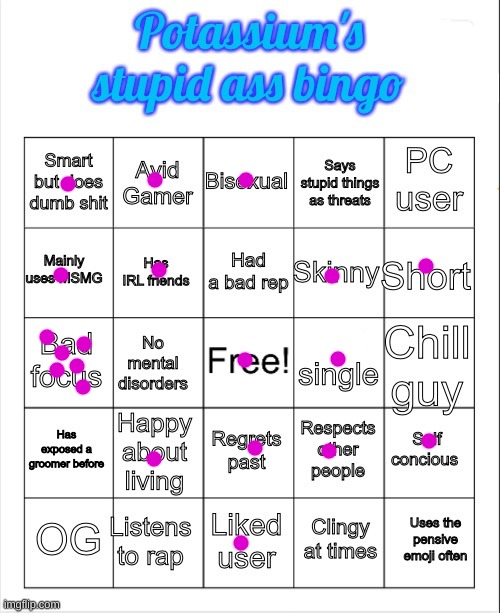 Potassium's stupid ass bingo | image tagged in potassium's stupid ass bingo | made w/ Imgflip meme maker