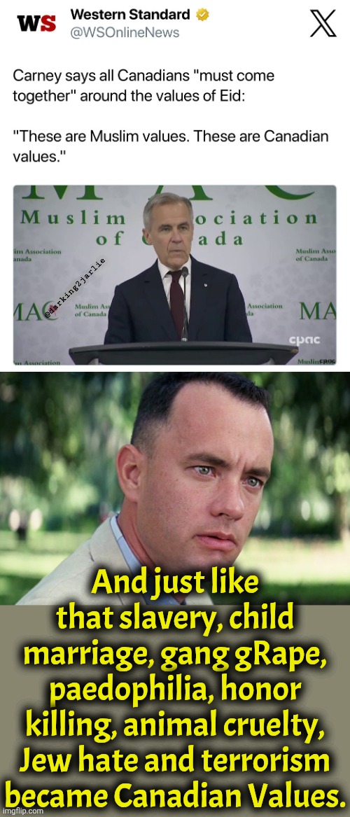 Canadian Values soon coming to Texas and rest of the America. | @darking2jarlie; And just like that slavery, child marriage, gang gRape, paedophilia, honor killing, animal cruelty, Jew hate and terrorism became Canadian Values. | image tagged in canada,america,liberals,islam,islamophobia,liberal logic | made w/ Imgflip meme maker