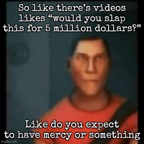 I was gonna put a more gruesome example but I shall not | So like there’s videos likes “would you slap this for 5 million dollars?”; Like do you expect to have mercy or something | image tagged in disappointed scout,msmg | made w/ Imgflip meme maker