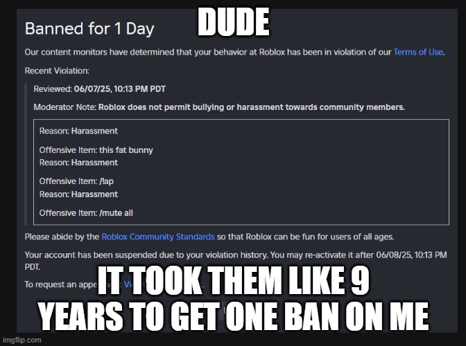 eh its only a day | DUDE; IT TOOK THEM LIKE 9 YEARS TO GET ONE BAN ON ME | image tagged in banned weapons too brutal for war,memes,funny | made w/ Imgflip meme maker