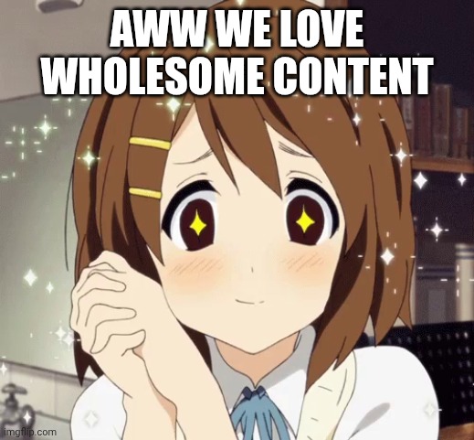 AWW WE LOVE WHOLESOME CONTENT | image tagged in aww anime girl | made w/ Imgflip meme maker