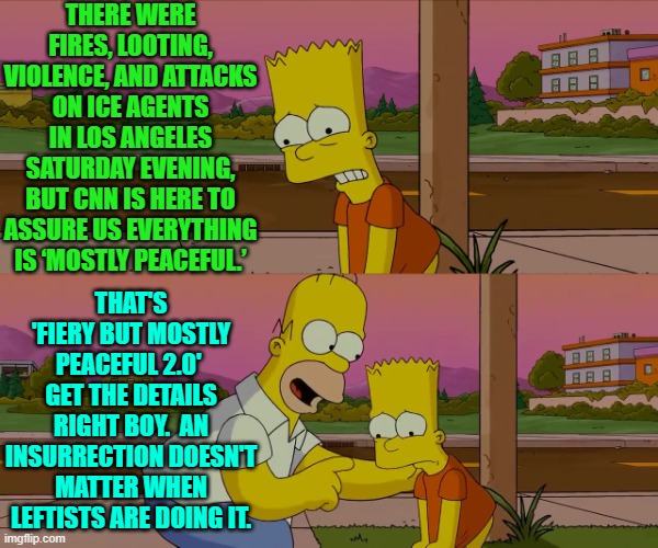 Remember that leftists are never violently rioting, they are just 'unsettled'. | THERE WERE FIRES, LOOTING, VIOLENCE, AND ATTACKS ON ICE AGENTS IN LOS ANGELES SATURDAY EVENING, BUT CNN IS HERE TO ASSURE US EVERYTHING IS ‘MOSTLY PEACEFUL.’; THAT'S 'FIERY BUT MOSTLY PEACEFUL 2.0'  GET THE DETAILS RIGHT BOY.  AN INSURRECTION DOESN'T MATTER WHEN LEFTISTS ARE DOING IT. | image tagged in homer and bart worst day so far | made w/ Imgflip meme maker