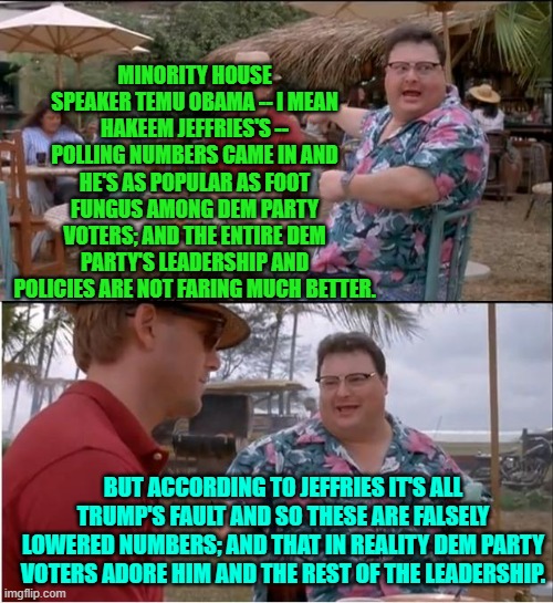 Dem Party Leadership says, "I reject your reality and substitute my own." | MINORITY HOUSE SPEAKER TEMU OBAMA -- I MEAN HAKEEM JEFFRIES'S -- POLLING NUMBERS CAME IN AND HE'S AS POPULAR AS FOOT FUNGUS AMONG DEM PARTY VOTERS; AND THE ENTIRE DEM PARTY'S LEADERSHIP AND POLICIES ARE NOT FARING MUCH BETTER. BUT ACCORDING TO JEFFRIES IT'S ALL TRUMP'S FAULT AND SO THESE ARE FALSELY LOWERED NUMBERS; AND THAT IN REALITY DEM PARTY VOTERS ADORE HIM AND THE REST OF THE LEADERSHIP. | image tagged in see nobody cares | made w/ Imgflip meme maker