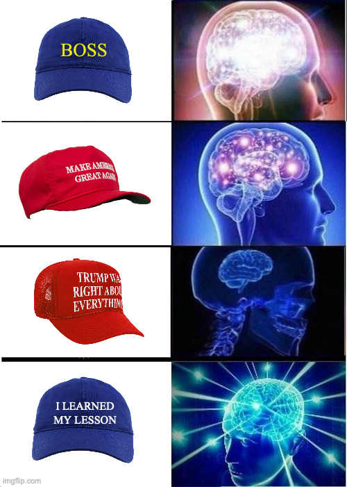 The many hats of a CEO. | BOSS; I LEARNED
MY LESSON | image tagged in memes,expanding brain,elon,red hat effect | made w/ Imgflip meme maker