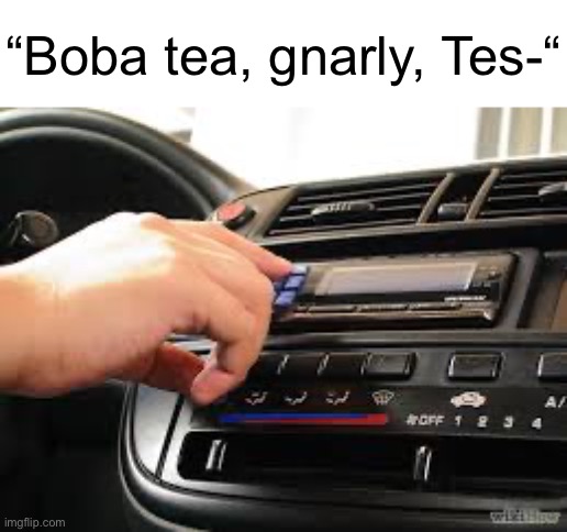 turning down radio | “Boba tea, gnarly, Tes-“ | image tagged in turning down radio | made w/ Imgflip meme maker