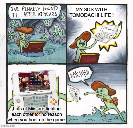 Tomodachi Life shenanigans. | MY 3DS WITH TOMODACHI LIFE ! 0; Lots of Miis are fighting each other for no reason when you boot up the game. | image tagged in memes,the scroll of truth | made w/ Imgflip meme maker
