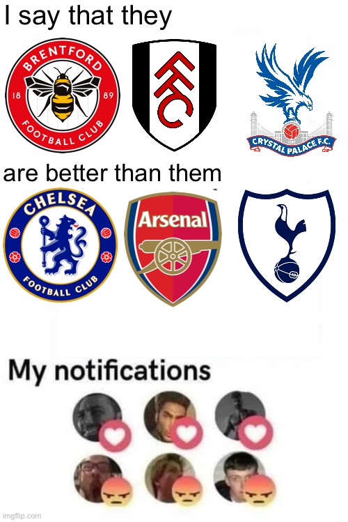 No other opinions are welcome for Chel"Mid"sea, Tottenham "Bottle Job FC" Hotspur and Arse"Bottlers"nal fans. | I say that they; are better than them | image tagged in i say that this is better than this,premier league,chelmidsea,bottle job fc,bottlers fc,london | made w/ Imgflip meme maker