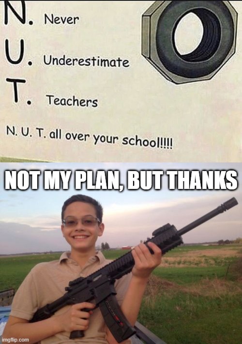 School Plan | NOT MY PLAN, BUT THANKS | image tagged in school shooter calvin | made w/ Imgflip meme maker
