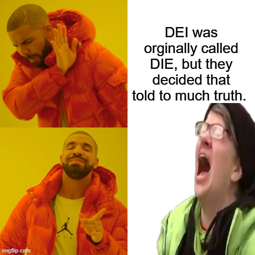 Destroy Infiltrate with Evil | DEI was orginally called DIE, but they decided that told to much truth. | image tagged in memes,drake hotline bling | made w/ Imgflip meme maker