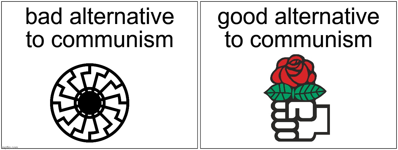 Social Democracy is an alternative to communism | bad alternative to communism; good alternative to communism | image tagged in memes,blank comic panel 2x1 | made w/ Imgflip meme maker