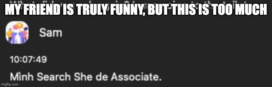 My friend's funniness... | MY FRIEND IS TRULY FUNNY, BUT THIS IS TOO MUCH | image tagged in she de associate | made w/ Imgflip meme maker