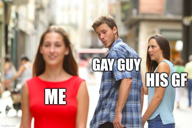 Distracted Boyfriend Meme | GAY GUY; HIS GF; ME | image tagged in memes,distracted boyfriend | made w/ Imgflip meme maker