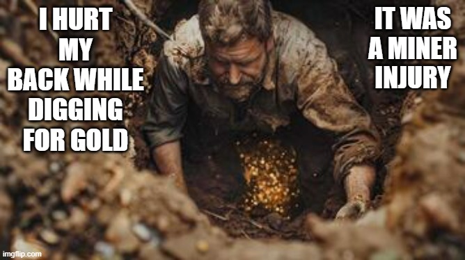 I hurt my back while digging for gold. It was a miner injury. | IT WAS A MINER INJURY; I HURT MY BACK WHILE DIGGING FOR GOLD | image tagged in funny,fun,play on words,gold,humor,injury | made w/ Imgflip meme maker
