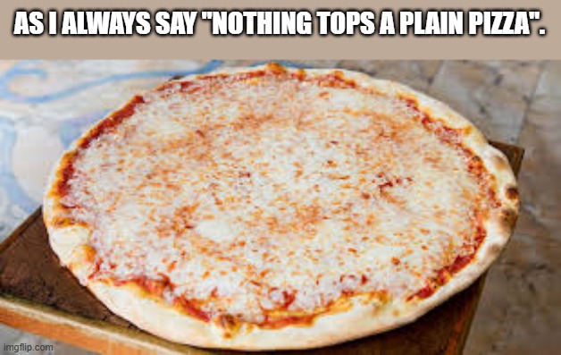 Nothing tops a plain pizza.  - funny - | AS I ALWAYS SAY "NOTHING TOPS A PLAIN PIZZA". | image tagged in funny,fun,play on words,pizza,humor,food memes | made w/ Imgflip meme maker