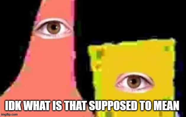 cursed spongebob and patrick | IDK WHAT IS THAT SUPPOSED TO MEAN | image tagged in cursed spongebob and patrick | made w/ Imgflip meme maker