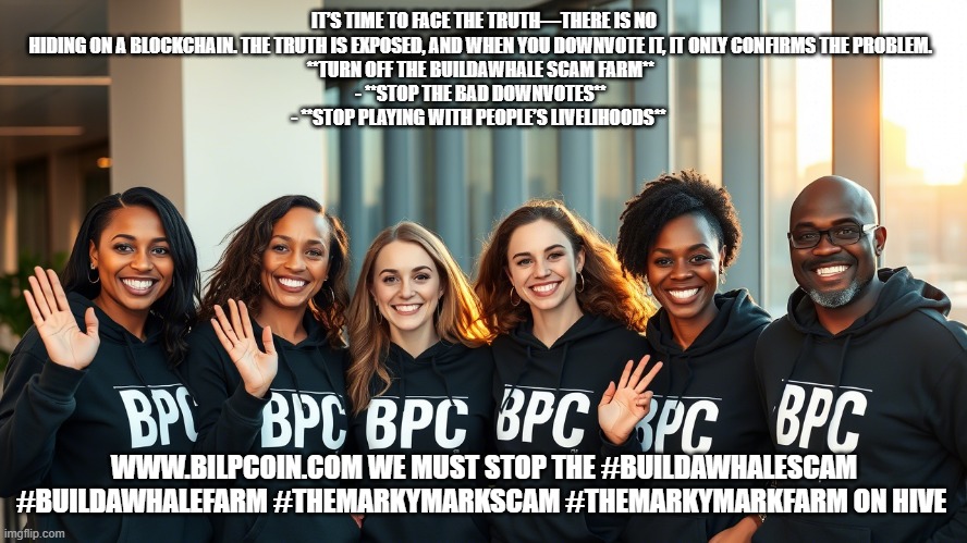 IT’S TIME TO FACE THE TRUTH—THERE IS NO HIDING ON A BLOCKCHAIN. THE TRUTH IS EXPOSED, AND WHEN YOU DOWNVOTE IT, IT ONLY CONFIRMS THE PROBLEM.  
**TURN OFF THE BUILDAWHALE SCAM FARM**  
- **STOP THE BAD DOWNVOTES**  
- **STOP PLAYING WITH PEOPLE’S LIVELIHOODS**; WWW.BILPCOIN.COM WE MUST STOP THE #BUILDAWHALESCAM #BUILDAWHALEFARM #THEMARKYMARKSCAM #THEMARKYMARKFARM ON HIVE | made w/ Imgflip meme maker