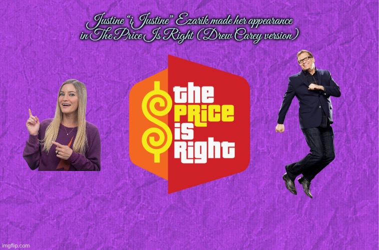Justine Ezarik on The Price is Right | Justine “iJustine” Ezarik made her appearance in The Price Is Right (Drew Carey version) | image tagged in generic purple background,the price is right,youtube,girl,drew carey,game show | made w/ Imgflip meme maker
