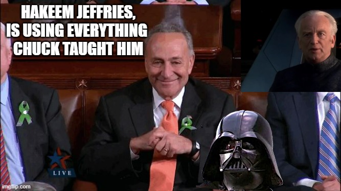Chuck Schumer Creepy | HAKEEM JEFFRIES,
IS USING EVERYTHING 
CHUCK TAUGHT HIM | image tagged in chuck schumer creepy | made w/ Imgflip meme maker