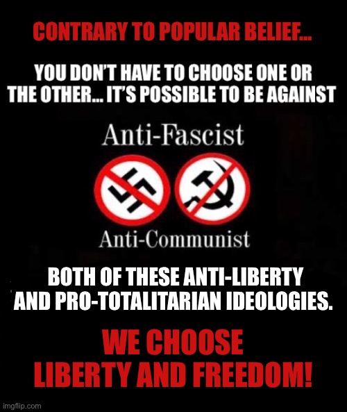 Stealers of liberty and regimes of evil… | BOTH OF THESE ANTI-LIBERTY AND PRO-TOTALITARIAN IDEOLOGIES. WE CHOOSE LIBERTY AND FREEDOM! | image tagged in political meme,communist,nazi,against both,liberty and freedom | made w/ Imgflip meme maker