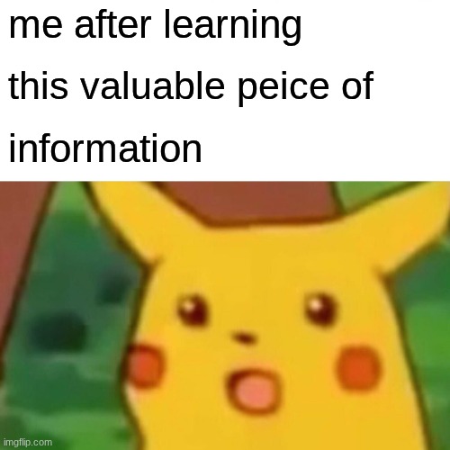 me after learning this valuable peice of information | image tagged in memes,surprised pikachu | made w/ Imgflip meme maker