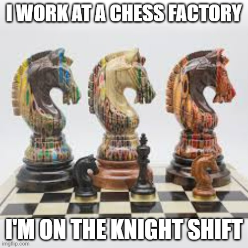 I work on the knight shift at the chess factory. | I WORK AT A CHESS FACTORY; I'M ON THE KNIGHT SHIFT | image tagged in funny,fun,chess,play on words,humor,games | made w/ Imgflip meme maker
