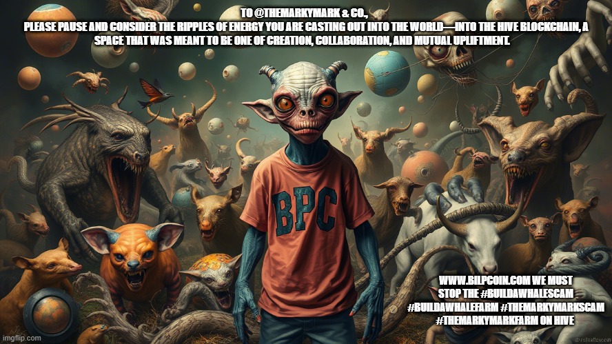 TO @THEMARKYMARK & CO.,  
PLEASE PAUSE AND CONSIDER THE RIPPLES OF ENERGY YOU ARE CASTING OUT INTO THE WORLD—INTO THE HIVE BLOCKCHAIN, A SPACE THAT WAS MEANT TO BE ONE OF CREATION, COLLABORATION, AND MUTUAL UPLIFTMENT. WWW.BILPCOIN.COM WE MUST STOP THE #BUILDAWHALESCAM #BUILDAWHALEFARM #THEMARKYMARKSCAM #THEMARKYMARKFARM ON HIVE | made w/ Imgflip meme maker