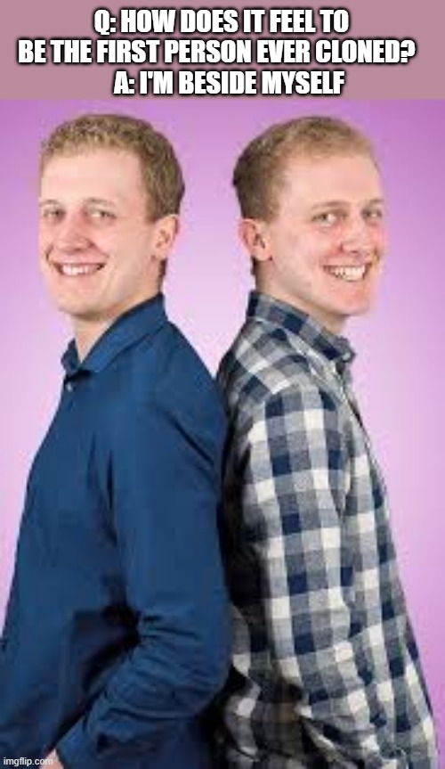 How it feels to be the first person ever cloned.  - funny - | Q: HOW DOES IT FEEL TO BE THE FIRST PERSON EVER CLONED?  
   A: I'M BESIDE MYSELF | image tagged in funny,fun,clone,humor,play on words | made w/ Imgflip meme maker