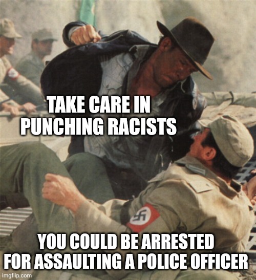 A big pile of ICE | TAKE CARE IN PUNCHING RACISTS; YOU COULD BE ARRESTED FOR ASSAULTING A POLICE OFFICER | image tagged in indiana jones punching nazis,racist,police,acab,maga | made w/ Imgflip meme maker