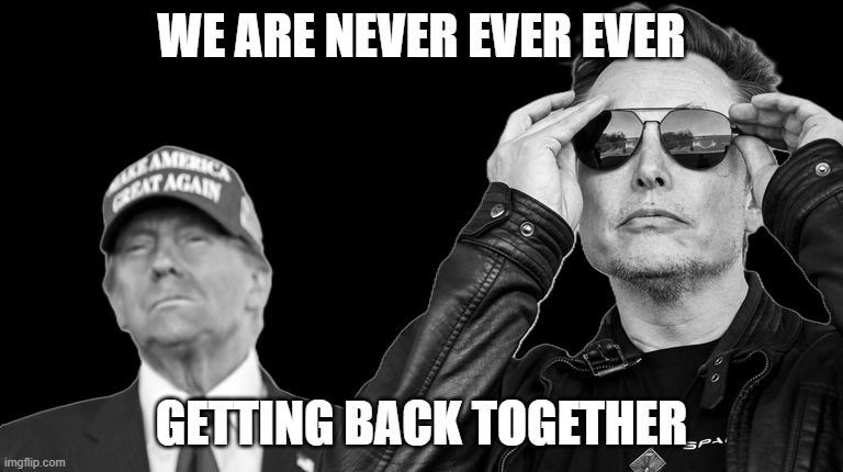 imma buy a tesla | WE ARE NEVER EVER EVER; GETTING BACK TOGETHER | image tagged in trump,elon musk,taylor swift,funny,memes,dank memes | made w/ Imgflip meme maker