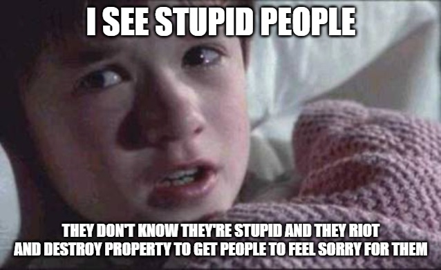 But they aren't pulling anyone into their circle. They're driving people away. They're thugs. Nothing more, nothing less. | I SEE STUPID PEOPLE; THEY DON'T KNOW THEY'RE STUPID AND THEY RIOT AND DESTROY PROPERTY TO GET PEOPLE TO FEEL SORRY FOR THEM | image tagged in memes,i see dead people,rioters,los angeles,antifa,illegal aliens | made w/ Imgflip meme maker
