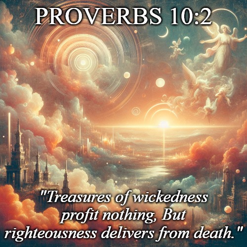 Remember this when you continue to support sinful things. | PROVERBS 10:2; "Treasures of wickedness profit nothing, But righteousness delivers from death." | image tagged in christiansonly,heaven,righteousness,god | made w/ Imgflip meme maker