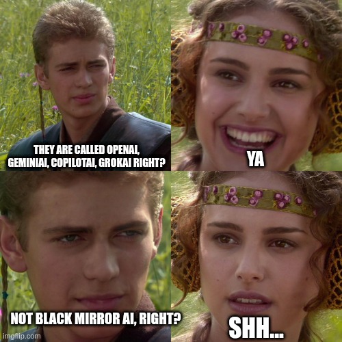 altruistic AIs? | THEY ARE CALLED OPENAI, GEMINIAI, COPILOTAI, GROKAI RIGHT? YA; NOT BLACK MIRROR AI, RIGHT? SHH... | image tagged in anakin padme 4 panel | made w/ Imgflip meme maker