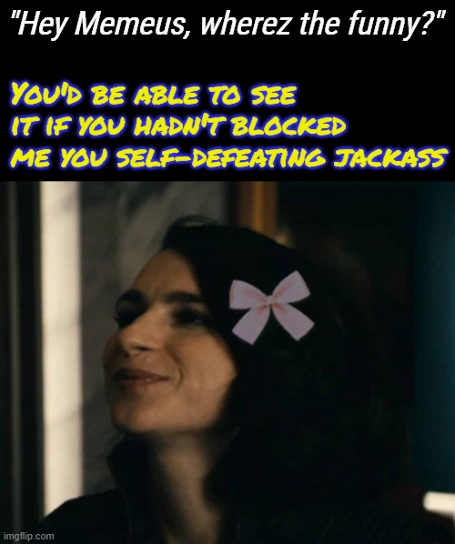 Stormfront being adorable | You'd be able to see it if you hadn't blocked me you self-defeating jackass; "Hey Memeus, wherez the funny?" | image tagged in stormfront being adorable | made w/ Imgflip meme maker