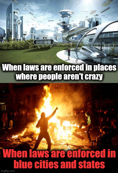 democrats above the law | When laws are enforced in places
where people aren't crazy; When laws are enforced in
blue cities and states | image tagged in the future world if,anarchy riot,memes,democrats,above the law,illegal immigrants | made w/ Imgflip meme maker