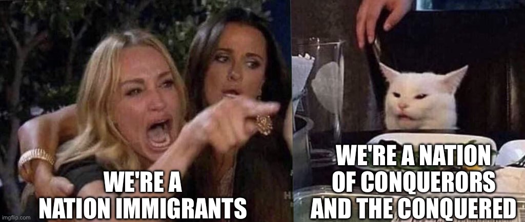 woman yelling at cat | WE'RE A NATION IMMIGRANTS; WE'RE A NATION OF CONQUERORS AND THE CONQUERED | image tagged in woman yelling at cat | made w/ Imgflip meme maker