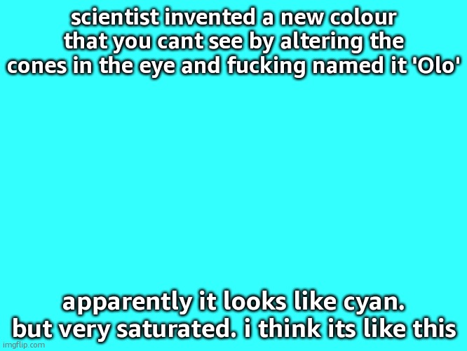 Plain Cyan Template | scientist invented a new colour that you cant see by altering the cones in the eye and fucking named it 'Olo'; apparently it looks like cyan. but very saturated. i think its like this | image tagged in plain cyan template | made w/ Imgflip meme maker