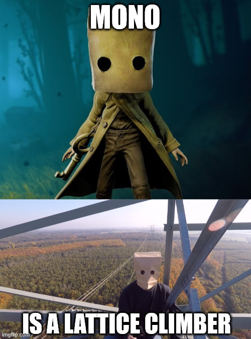 Random little nightmares meme | MONO; IS A LATTICE CLIMBER | image tagged in random,meme,lattice climbing,creepypasta,mono,climber | made w/ Imgflip meme maker