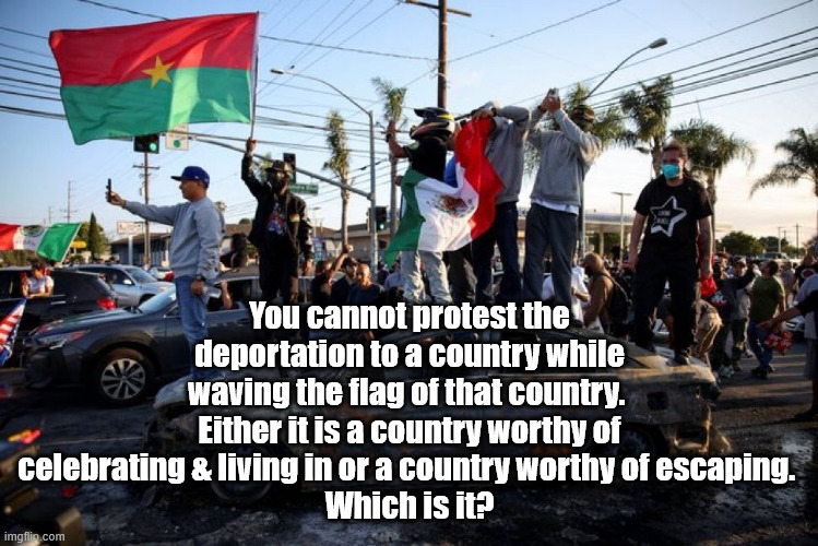 You cannot protest the deportation to a country while waving the flag of that country. | You cannot protest the deportation to a country while waving the flag of that country. 
Either it is a country worthy of celebrating & living in or a country worthy of escaping. 
Which is it? | image tagged in riots,la riots,illegal immigration | made w/ Imgflip meme maker