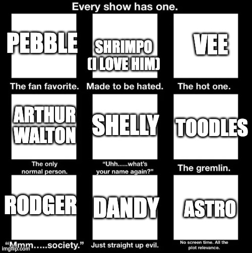 Every Show Has One | VEE; SHRIMPO (I LOVE HIM); PEBBLE; ARTHUR WALTON; TOODLES; SHELLY; RODGER; DANDY; ASTRO | image tagged in every show has one | made w/ Imgflip meme maker