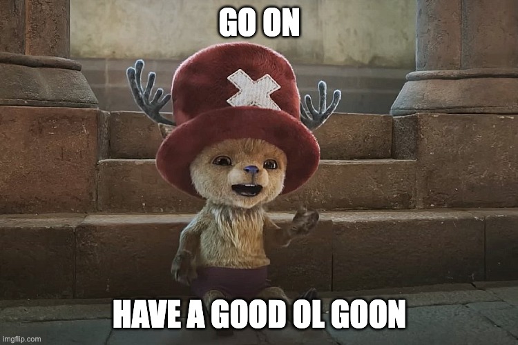 chopper live action | GO ON; HAVE A GOOD OL GOON | image tagged in chopper live action | made w/ Imgflip meme maker