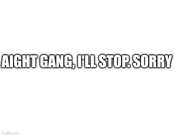 Blank White Template | AIGHT GANG, I'LL STOP. SORRY | image tagged in blank white template | made w/ Imgflip meme maker
