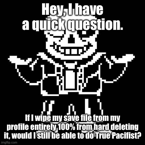 sans undertale | Hey, I have a quick question. If I wipe my save file from my profile entirely 100% from hard deleting it, would I still be able to do True Pacifist? | image tagged in sans undertale | made w/ Imgflip meme maker