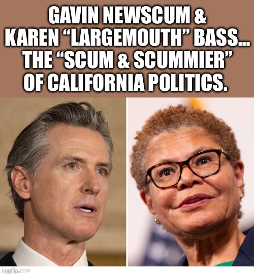 Adding fuel  to the fire of the (latest round of) L.A. Riots… | GAVIN NEWSCUM & KAREN “LARGEMOUTH” BASS… THE “SCUM & SCUMMIER” OF CALIFORNIA POLITICS. | image tagged in political meme,newscum,largemouth,california politics | made w/ Imgflip meme maker