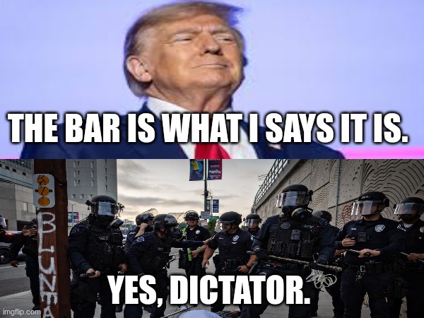 Dictator, much? | THE BAR IS WHAT I SAYS IT IS. YES, DICTATOR. | image tagged in trump,ice,la,dictator | made w/ Imgflip meme maker
