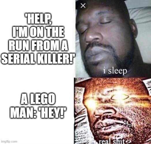 HEY! | 'HELP, I'M ON THE RUN FROM A SERIAL KILLER!'; A LEGO MAN: 'HEY!' | image tagged in real shit | made w/ Imgflip meme maker