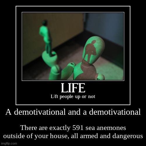 A demotivational and a demotivational | There are exactly 591 sea anemones outside of your house, all armed and dangerous | image tagged in funny,demotivationals | made w/ Imgflip demotivational maker